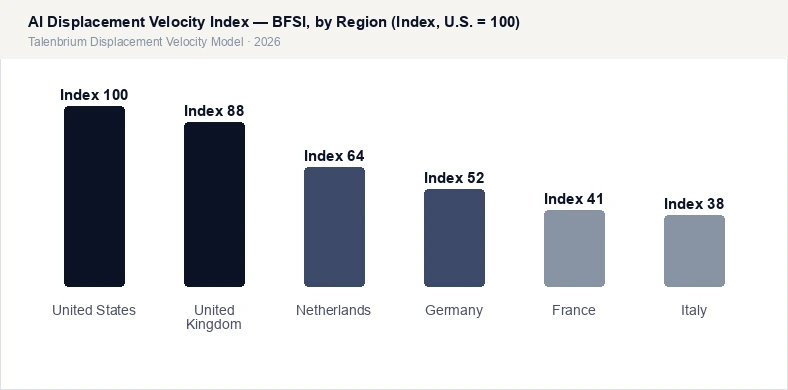 AI Displacement Velocity Index — BFSI, by Region (Index, U.S. = 100)