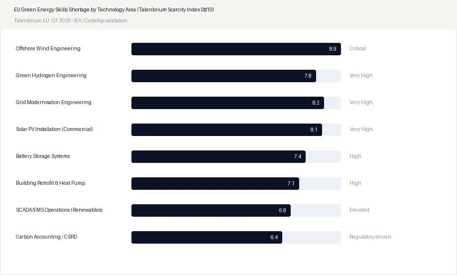 EU Green Energy Skills Shortage by Technology Area (Talenbrium Scarcity Index 0–10)